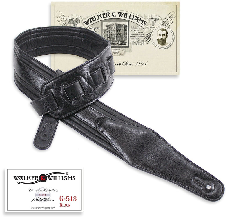 Walker & Williams G-513 Black Multi Layer Handmade Guitar Strap with Padded Glove Leather Back For Acoustic, Electric, And Bass Guitars
