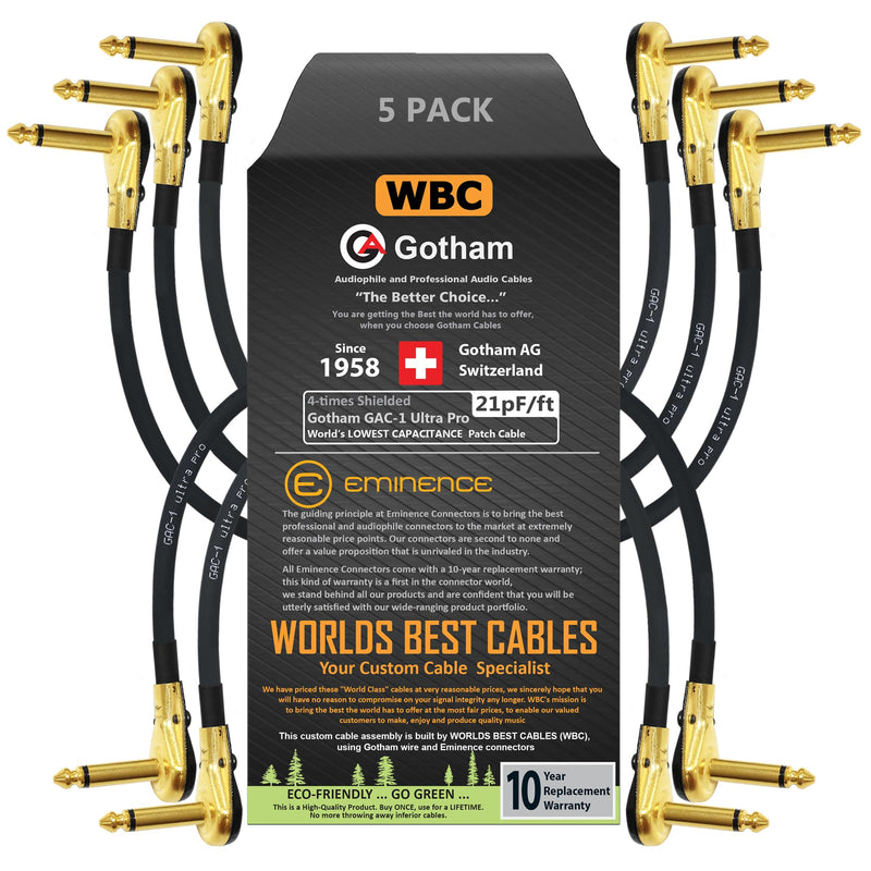 WORLDS BEST CABLES 5 Units - 9 Inch - Gotham GAC-1 Ultra Pro - Low-Cap (21pF/ft) Guitar Bass Effects Instrument, Patch Cable & Gold (6.35mm) Low-Profile R/A Pancake Type Connectors - Custom Made