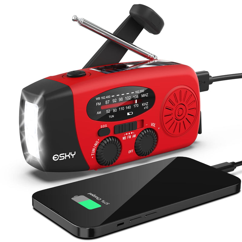 Esky Emergency Hand Crank Radio 7400mWh with 3 LED Flashlight, AM/FM/NOAA Portable Weather Radio with Rechargeable 2000mAh Battery, Solar Powered Radio for Indoor Outdoor Survival Camping, SOS Alarm Red