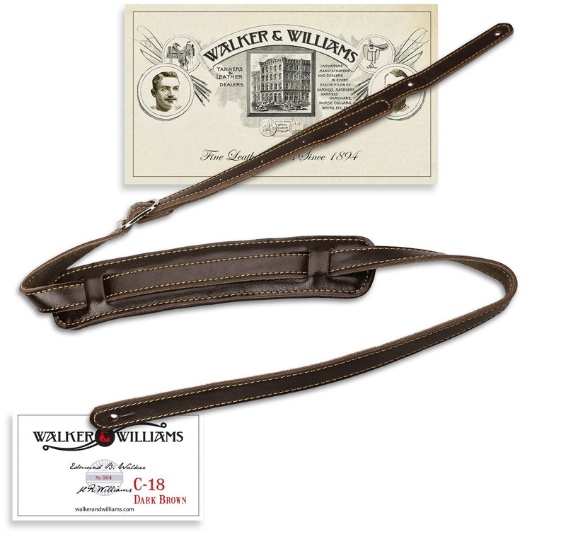 Walker & Williams C-18-BRN Vintage Style Guitar Strap In Premium Dark Brown Leather Extra Long Up To 61" For Acoustic, Electric, And Bass Guitars