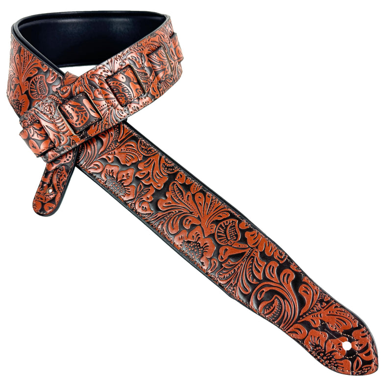Walker & Williams G-973 Handmade Brown And Latigo Tan Western Embossed Guitar Strap with Soft Padded Back For Acoustic, Electric, And Bass Guitars