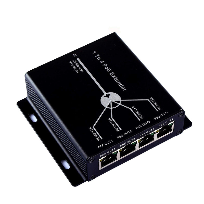 OdiySurveil(TM) 4-Port 10/100M IEEE802.3at (Power-in) to IEEE802.3af (Power-Out) PoE Extender for Ethernet/PoE Power