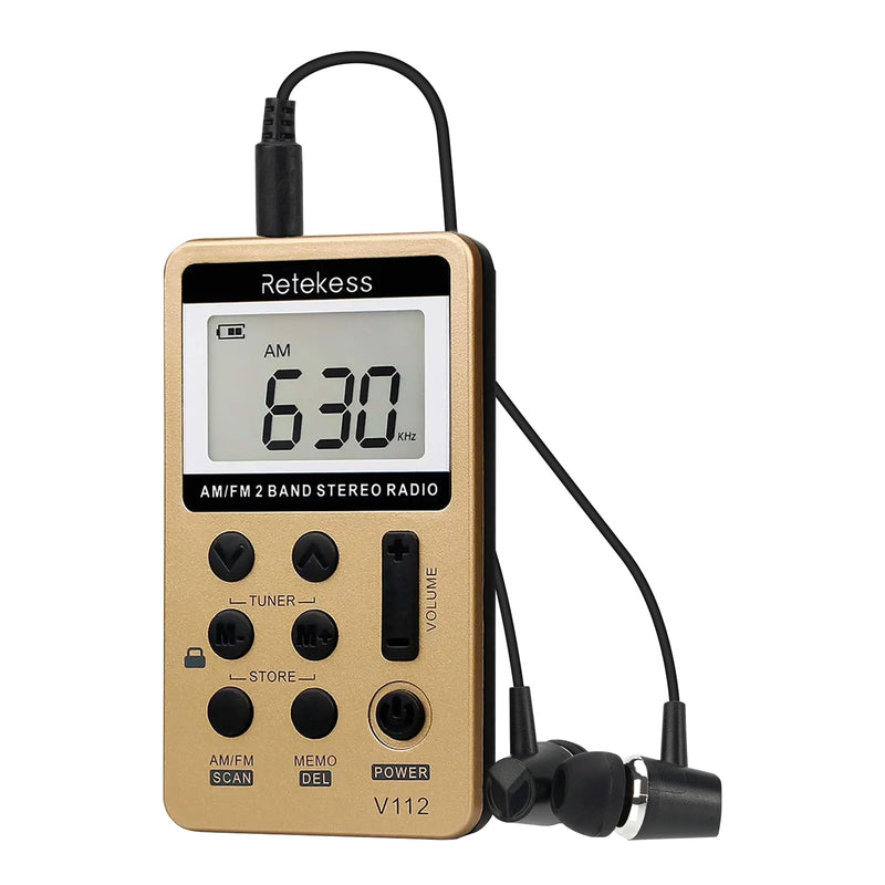 Retekess V112 AM FM Radio Portable, Mini Radio,Digital Tuning Rechargeable Battery LCD Display for Walking Jogging(Gold) Gold