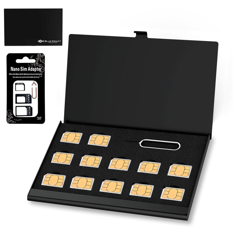 BLUECRAFT Nano SIM Card Case (Max. 12 Nano SIM Slots) Slim Aluminum Antistatic Holder with SIM Card adapters and Removal Ejector Pin Tool(Black) Black