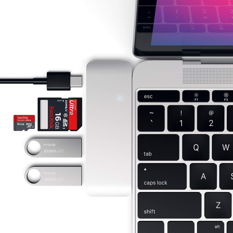 Satechi Aluminum Type-C USB 3.0 3-in-1 Combo Hub with USB-C Pass-Through - Compatible with 2018 MacBook Air, 2018 iPad Pro, 2015/2016/2017 MacBook 12-Inch and More Silver