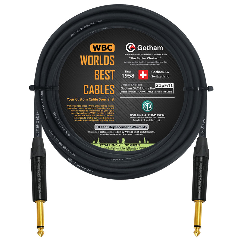 WORLDS BEST CABLES 50 Foot - Gotham GAC-1 Ultra Pro - Premium Low-Cap (21 pf/F) Guitar Bass Instrument Cable – w/Neutrik Gold Straight to Straight ¼ inch (6.35mm) TS Connectors - Custom Made