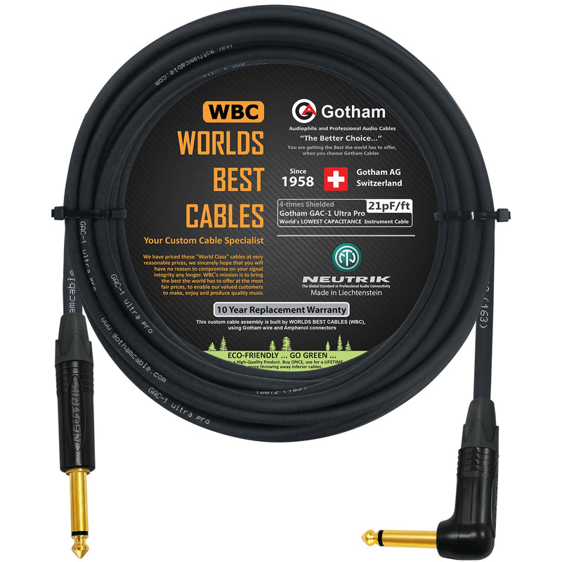 WORLDS BEST CABLES 50 Foot - Gotham GAC-1 Ultra Pro - Premium Low-Cap (21 pf/F) Guitar Bass Instrument Cable – w/Neutrik Gold Straight to Angled ¼ inch (6.35mm) TS Connectors - Custom Made