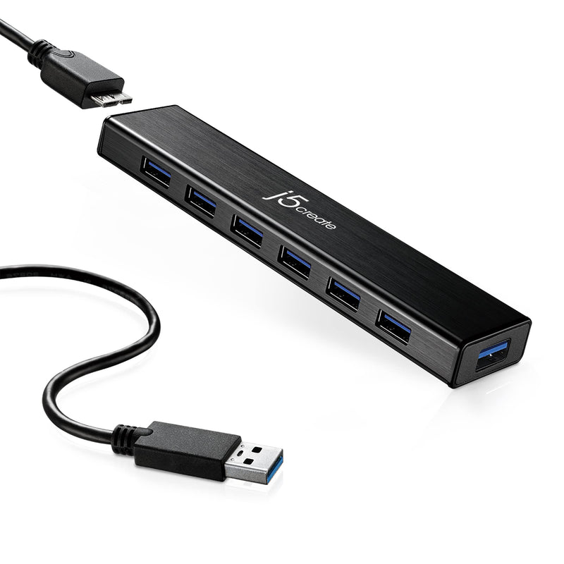 j5create 7-Port Powered USB 3.0 20W Data Hub with 3.3 ft Extended Cable | Power Adapter Included, for Mac, MacBook, Windows, Laptop, Surface, XPS, PC (JUH377)