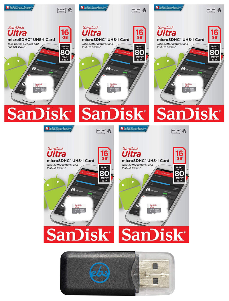 SanDisk Micro SDHC Ultra (5 Pack) MicroSD TF Flash Memory Card 16GB 16G Class 10 SDSQUNB-016G Bundle with Everything But Stromboli Memory Card Reader