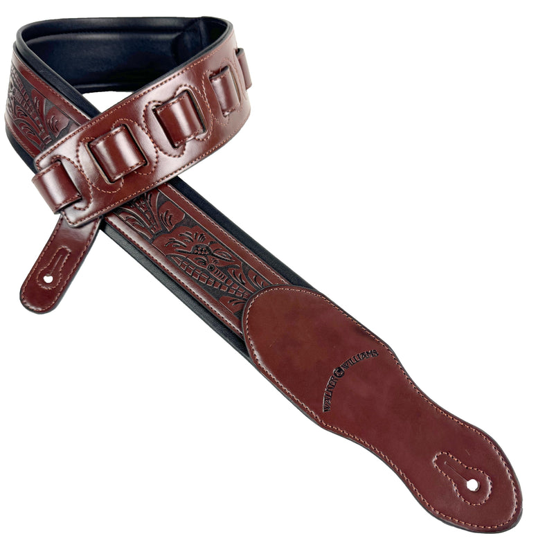[AUSTRALIA] - Walker & Williams G-110 Mahogany Brown Padded Guitar Strap with Embossed Live Oak Tooling For Acoustic, Electric, And Bass Guitars 