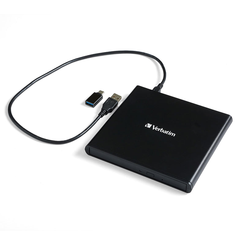 Verbatim Slim External Burner CD/DVD +/-RW Optical Drive USB 2.0 with USB A to USB C Adapter and M-DISC Support - Mac & PC Compatible Nero Burn & Archive Software Included (Windows only) 0.6" x 5.6" x 5.3"