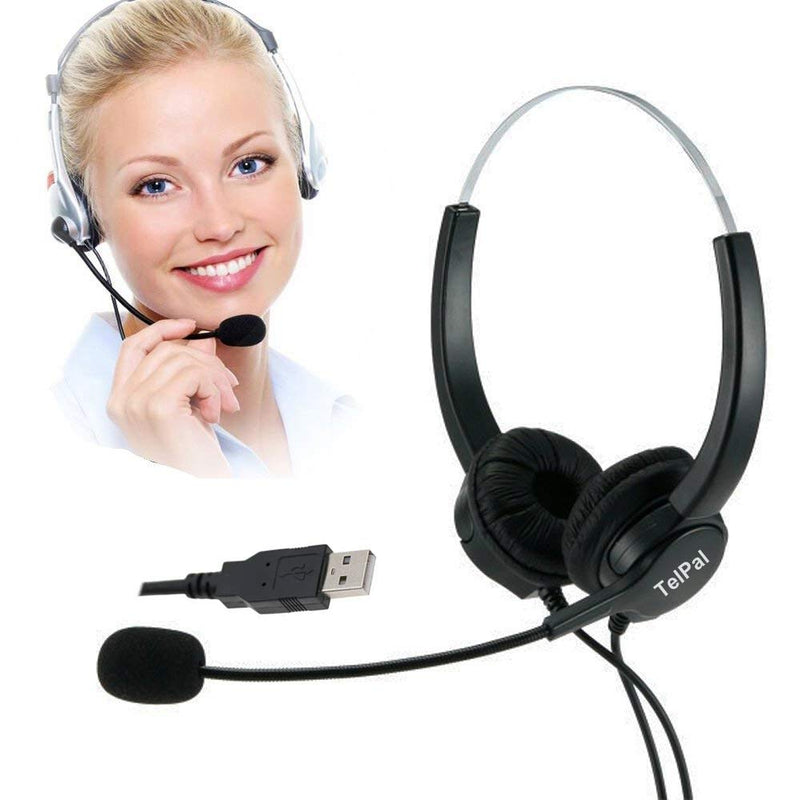 TelPal Corded Hands-Free Call Center Noise Cancelling Binaural USB Headset Headphones with Mic/Microphone - Cord with USB Plug, Volume Control- for Computer/PC/Laptop Use Only UH500D
