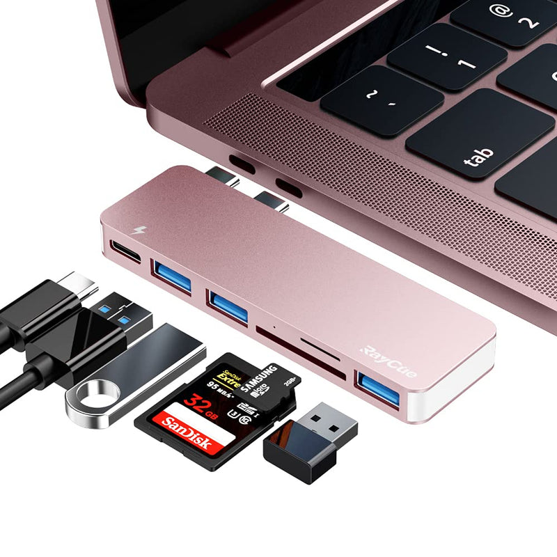 USB C Hub Adapter for MacBook Pro/Air 2020 2019 2018, 6 in 1 USB-C Accessories Compatible with MacBook Pro 13″ and 15″ with 3 USB 3.0 Ports, TF/SD Card Reader, USB-C Power Delivery (Pink) Pink