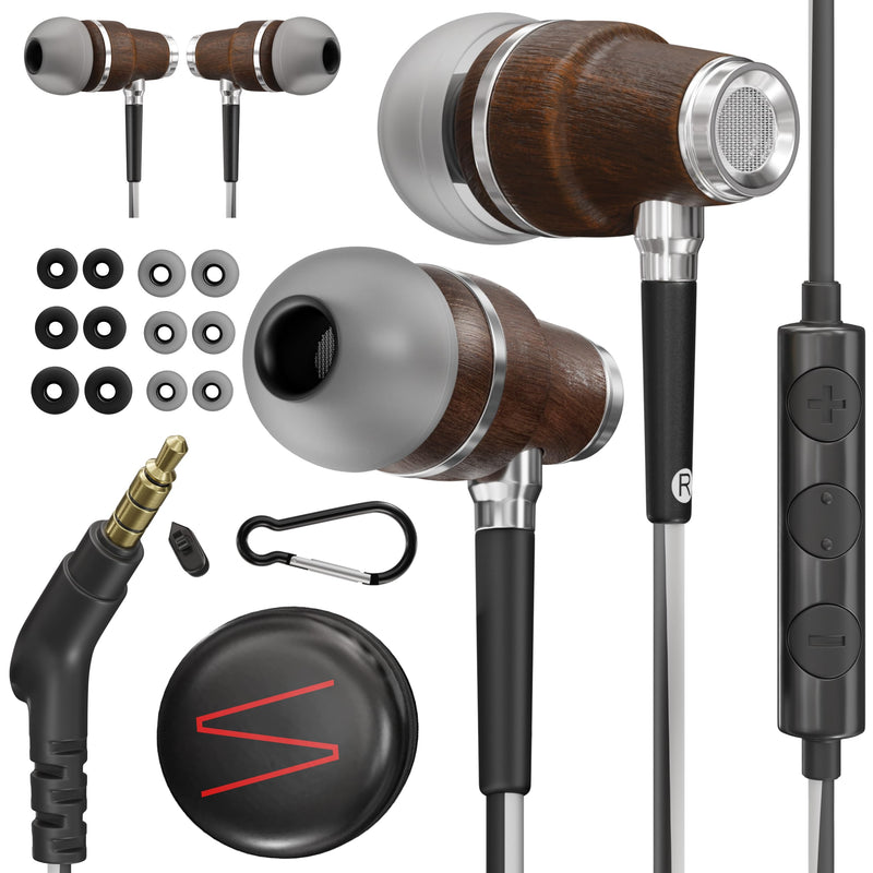 Symphonized Premium Wooden 3.5mm Jack Wired Earbuds with Microphone & Volume Control, Plug in Ear Headphones Wired Earphones with Mic, Corded Ear Buds Wire for Computer, Laptop & Phone with Aux Cord Aux 3.5mm Black