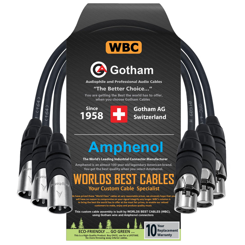 WORLDS BEST CABLES 3 Units - 1 Foot - Gotham GAC-4/1 (Black) - Star Quad, Dual Shielded Balanced Male to Female Microphone Cables with Amphenol AX3M & AX3F Silver XLR Connectors - Custom Made