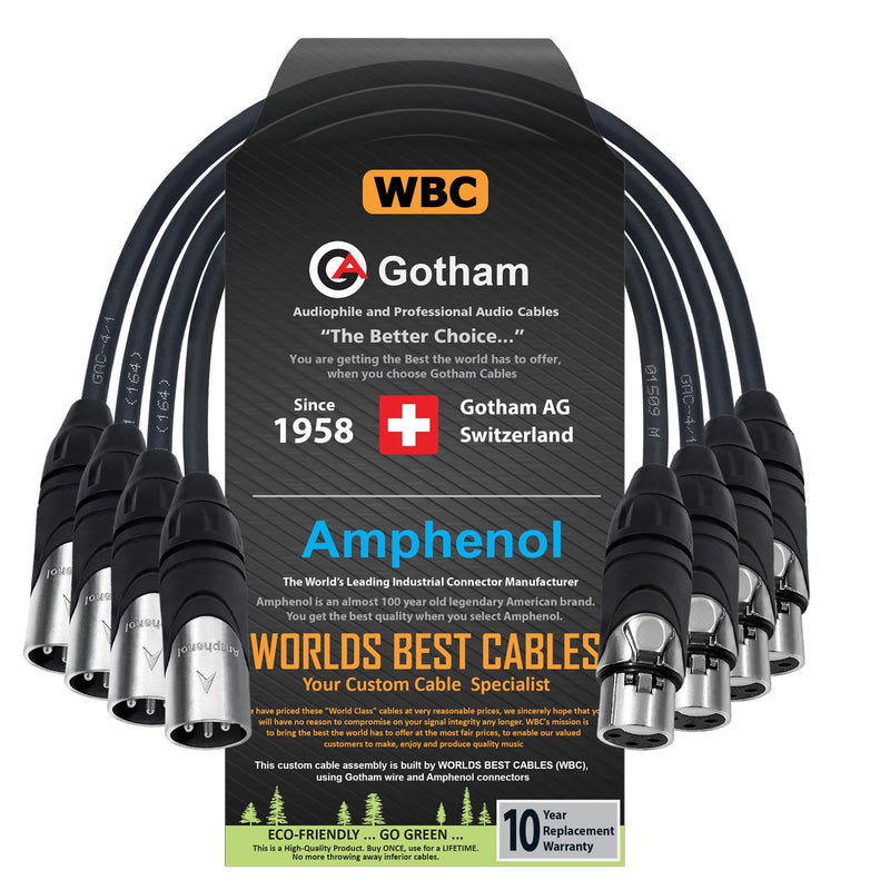 [AUSTRALIA] - WORLDS BEST CABLES 4 Units - 1 Foot - Gotham GAC-4/1 (Black) - Star Quad, Dual Shielded Balanced Male to Female Microphone Cables with Amphenol AX3M & AX3F Silver XLR Connectors - Custom Made 