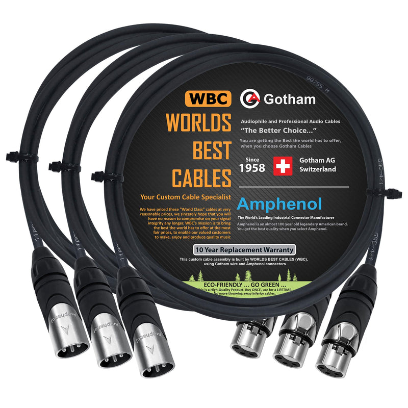 [AUSTRALIA] - WORLDS BEST CABLES 3 Units - 3 Foot - Gotham GAC-4/1 (Black) - Star Quad, Dual Shielded Balanced Male to Female Microphone Cables with Amphenol AX3M & AX3F Silver XLR Connectors - Custom Made 