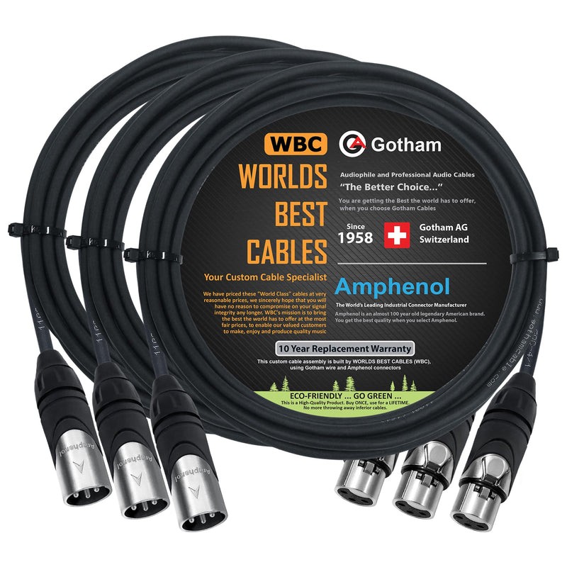 [AUSTRALIA] - WORLDS BEST CABLES 3 Units - 10 Foot - Gotham GAC-4/1 (Black) - Star Quad, Dual Shielded Balanced Male to Female Microphone Cables with Amphenol AX3M & AX3F Silver XLR Connectors - Custom Made 