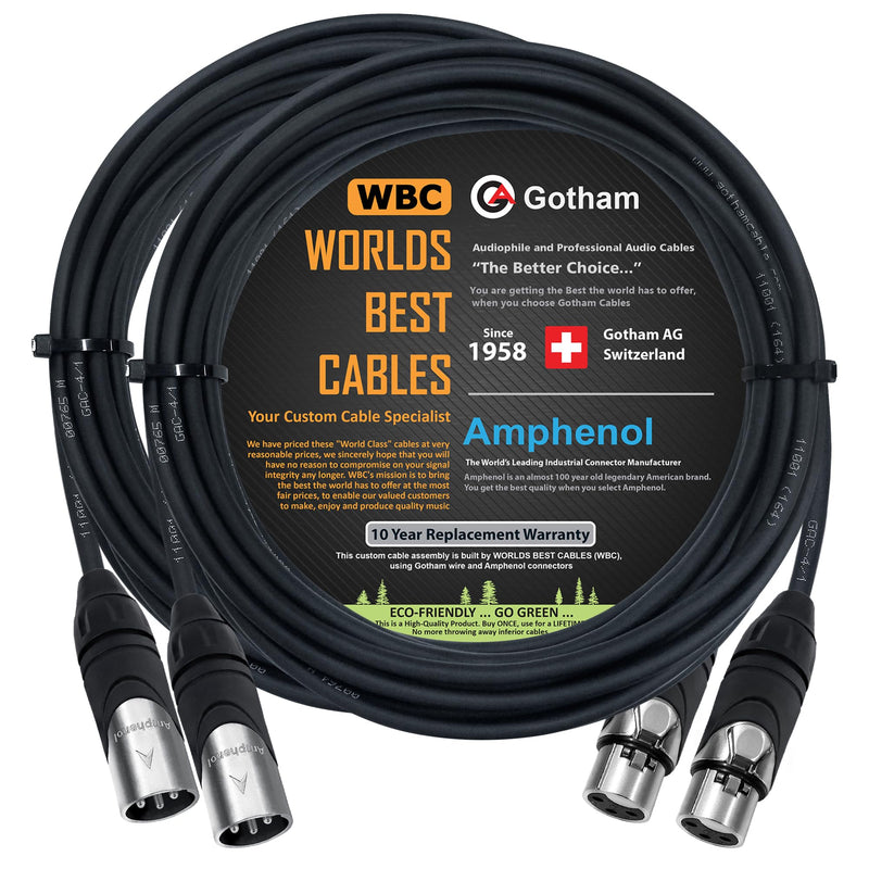 [AUSTRALIA] - WORLDS BEST CABLES 2 Units - 20 Foot - Gotham GAC-4/1 (Black) - Star Quad, Dual Shielded Balanced Male to Female Microphone Cables with Amphenol AX3M & AX3F Silver XLR Connectors - Custom Made 