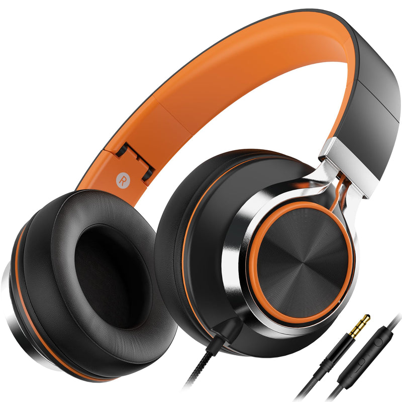 AILIHEN C8 Headphones Wired with Microphone and Volume Control Folding Stereo Lightweight Corded On-Ear 3.5mm Headset for Boys Girl Cellphones Tablets Chromebook Laptop Computer (Black/Orange) Black