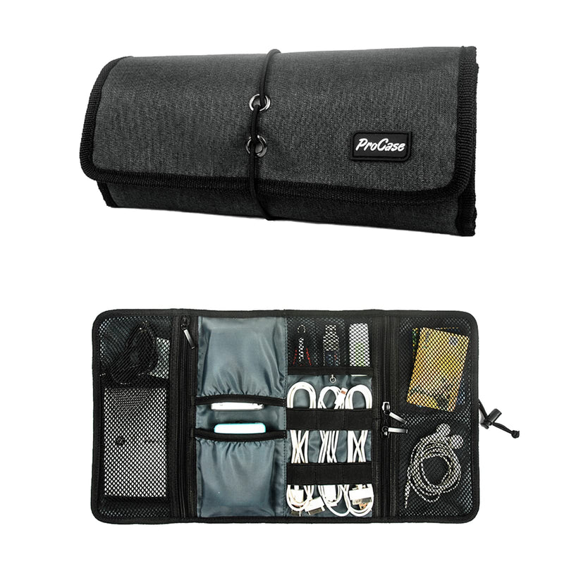 ProCase Electronic Organizer Cord Pouch, Travel Cable Charger Phone Accessories Bag Organizer Roll up Tech Carrying Case for USB Cables SD Memory Cards Earphone Flash Hard Drive –Black Black
