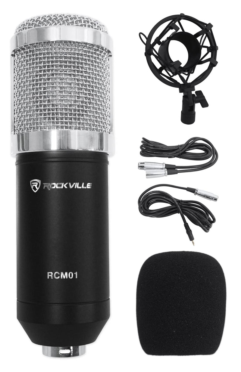 Rockville RCM01 Pro Studio Condenser Microphone, 200 Ohm, Cardioid Pattern, Metal Shock Mount, 30Hz-20kHz Frequency, XLR and 3.5mm Cables, for Vocals and Podcasting