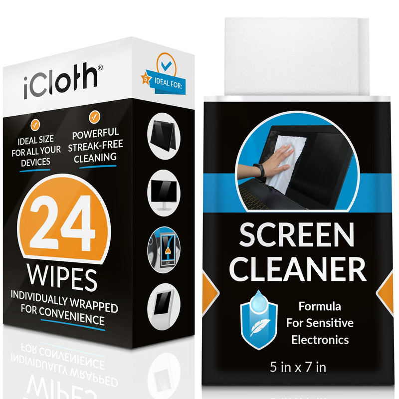 [AUSTRALIA] - Screen Cleaner Wipes by iCloth – Individually Wrapped – Travel Size – Streak-Free – Clean Your Phone, iPad, Laptop, Computer Screen and More – 24 Wipes (5" x 7") 24 Count (Pack of 1) 