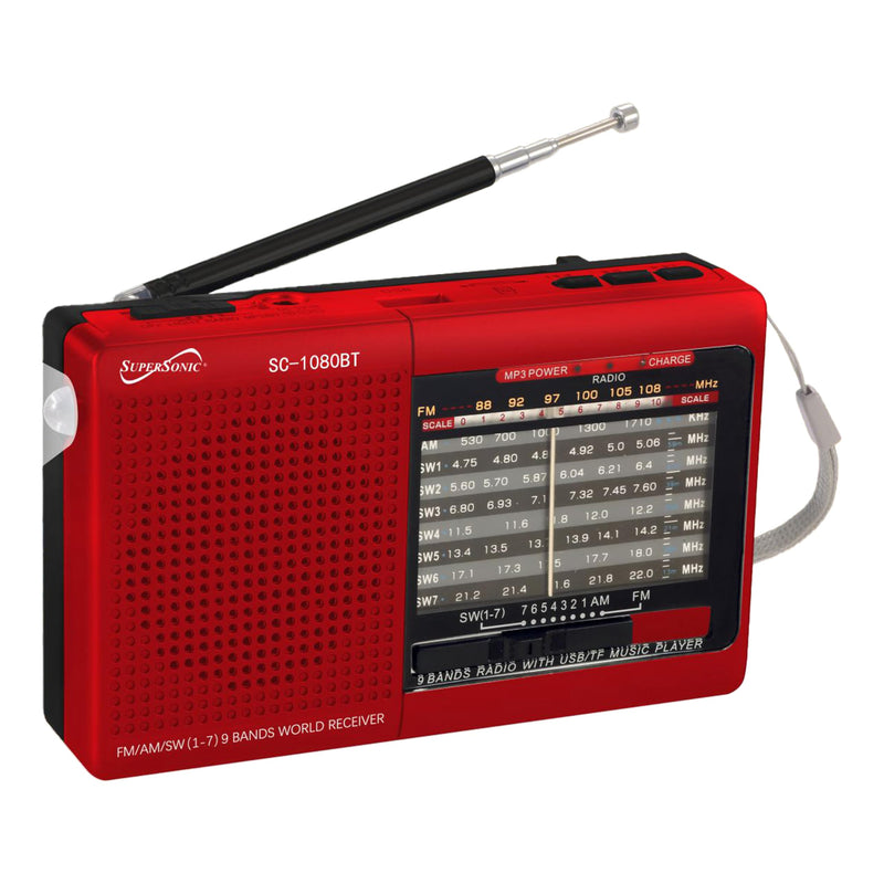 Supersonic SC-1080BT 9-Band Radio with Bluetooth, Portable Small Multi Band Radio Stereo, USB and Micro SD Input, Torch Light, and Rechargeable Battery red
