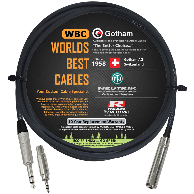WORLDS BEST CABLES 6 Foot - Gotham GAC-4/1 Star-Quad Stereo Headphone Extension Cable & Neutrik TRS Plug to Neutrik-Rean ¼ inch 3-Pole Jack + 3.5 mm Plug to ¼ inch Jack Adapter - Custom Made