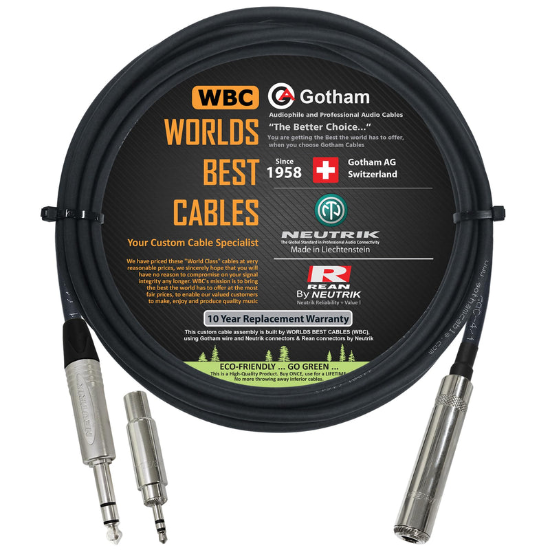 [AUSTRALIA] - WORLDS BEST CABLES 10 Foot - Gotham GAC-4/1 Star-Quad Stereo Headphone Extension Cable & Neutrik TRS Plug to Neutrik-Rean ¼ inch 3-Pole Jack + 3.5 mm Plug to ¼ inch Jack Adapter - Custom Made 