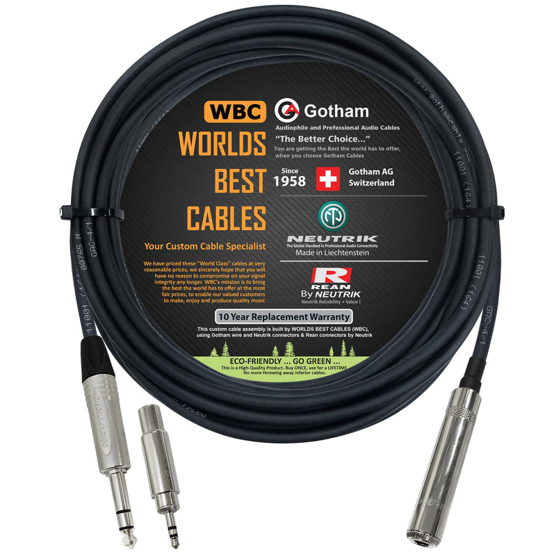 WORLDS BEST CABLES - 20 Foot - Gotham GAC-4/1 Star-Quad Stereo Headphone Extension Cable & Neutrik TRS Plug to Neutrik-Rean ¼ inch 3-Pole Jack + 3.5 mm Plug to ¼ inch Jack Adapter - Custom Made