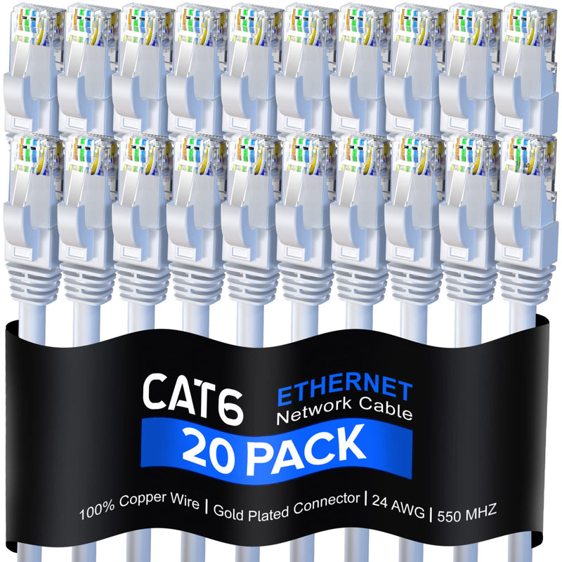 Maximm Cat6 Ethernet Cable 5 Ft, 10 Gbps 550 MHz, Snagless RJ45, White, 20 Pack 5 Feet