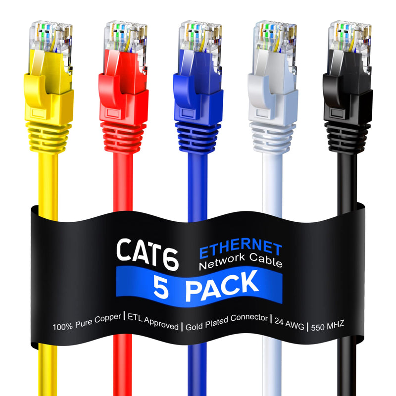 Maximm Cat 6 Ethernet Cable 3 Ft, 100% Pure Copper, Cat6 Cable (5 Pack) LAN Cable, Internet Cable and Network Cable - UTP (Multicolor) 3 Feet Multicolor