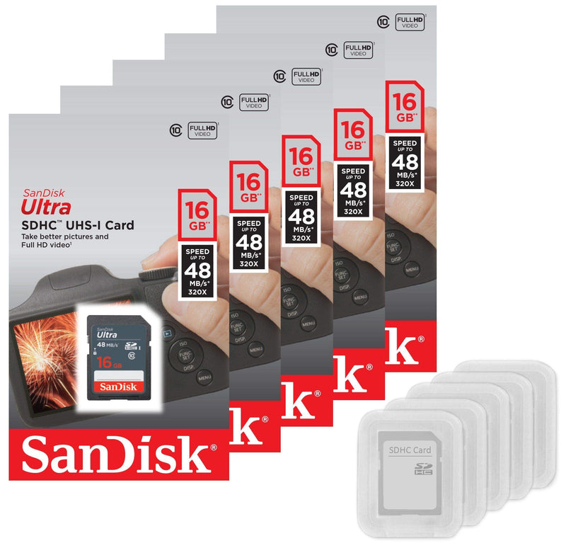 5 Pack - SanDisk Ultra 16GB SD SDHC Memory Flash Card UHS-I Class 10 Read Speed up to 48MB/s 320X SDSDUNB-016G-GN3IN Wholesale Lot + (5 Cases) 5 Pack (16GB)