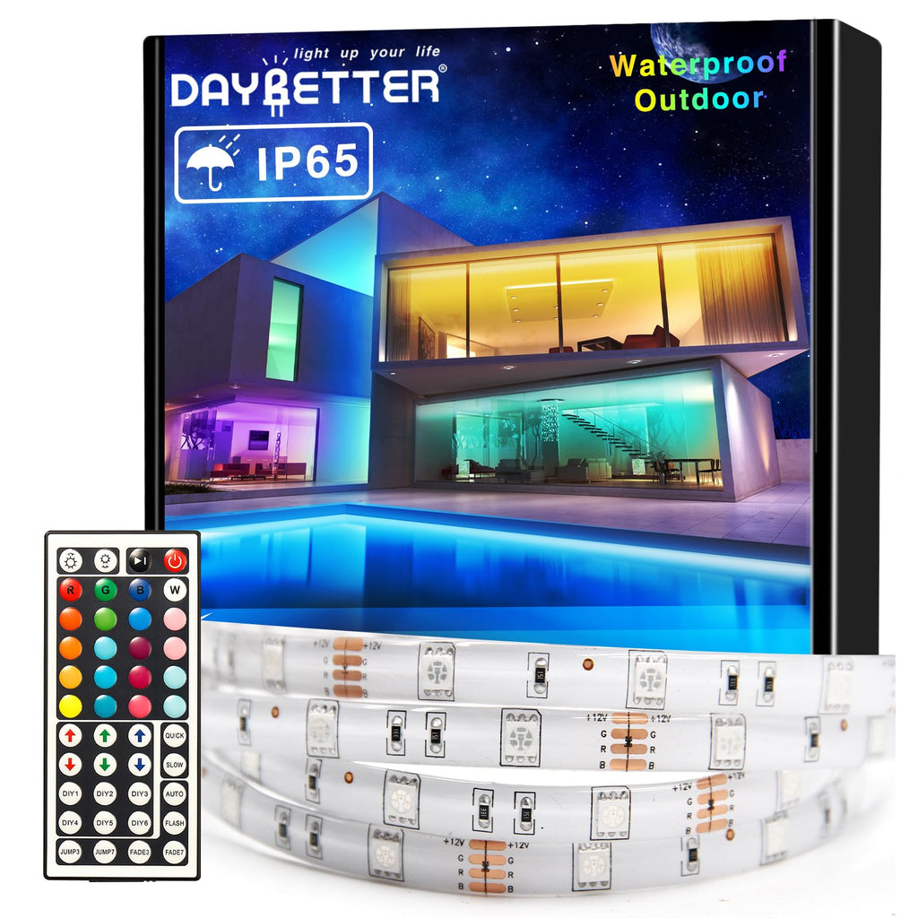 DAYBETTER Waterproof Led Lights for Bedroom, 32.8ft (2 Rolls of 16.4ft) Led Strip Lights, 300 LEDs Color Changing RGB 44 Keys Remote Controller, 12v for Outdoor Room Home Party Christmas Decoration