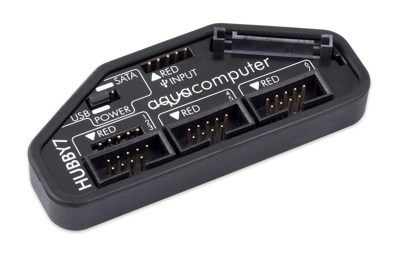 Aquacomputer HUBBY7 Internal USB 2.0 Hub | 7-Port Internal USB 2.0, Current Monitoring, Overcurrent Auto-Shutdown, Safety Fuse, USB or SATA Power