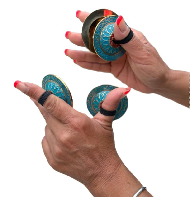 [AUSTRALIA] - 2 Pairs Brass Floral Finger Cymbals Zills for Belly Dancing (Turquoise) Turquoise 