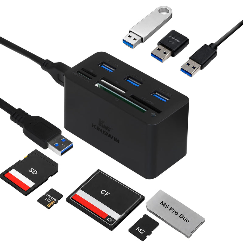Kingwin USB HUB Adapter w/ Memory Card Reader Writer & USB 3.0 HUB Combo - Supports High Speed SD MS Micro M2 CF Card Reader For Macbook, Laptop, Desktop - Includes USB Cable 5 Gbps Speed, Black