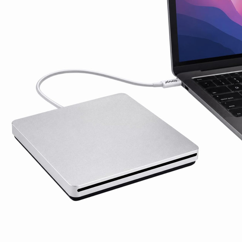 External CD DVD Drive USB-C Superdrive Portabl CD/DVD ROM Optical Drive Player Reader Writer Burner for MacBook Pro Windows 10 Laptop Desktop (Silver)
