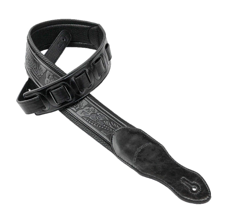 Walker & Williams G-118 Black on Black Padded Guitar Strap with Embossed Tooling & Padded Glove Leather Back For Acoustic, Electric, And Bass Guitars