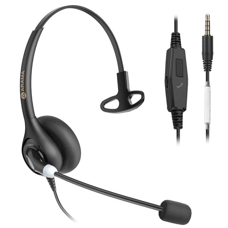 Arama Upgraded Cell Phone Headset with Microphone Noise Cancelling & Call Controls, 3.5mm Wired Headphone for iPhone, Laptop, Samsung, LG, BlackBerry Mobile Phone and iPad Tablet, Call Center Office Black