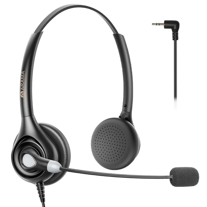 [AUSTRALIA] - Arama Cordless Phone Headset with Microphone, 2.5mm Jack Telephone Headset for Office Landline, Noise-Cancelling Mic & Volume Control, Wired Headphones Compatible with Panasonic AT&T Vtech Uniden Black 