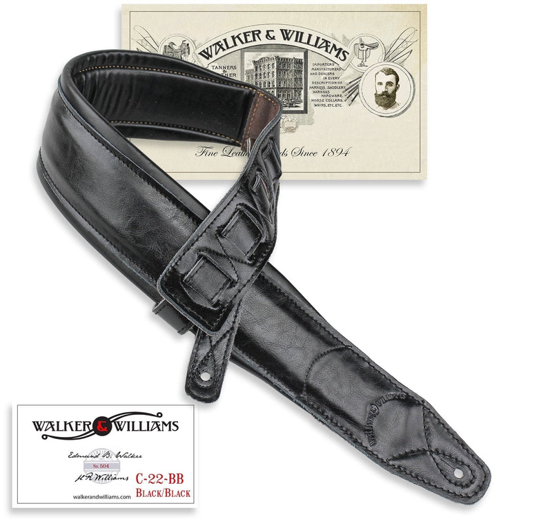 Walker & Williams C-22-BB Black on Black Premium Top Grain Leather Double Padded Guitar Strap Extra Wide For Acoustic, Electric, And Bass Guitars