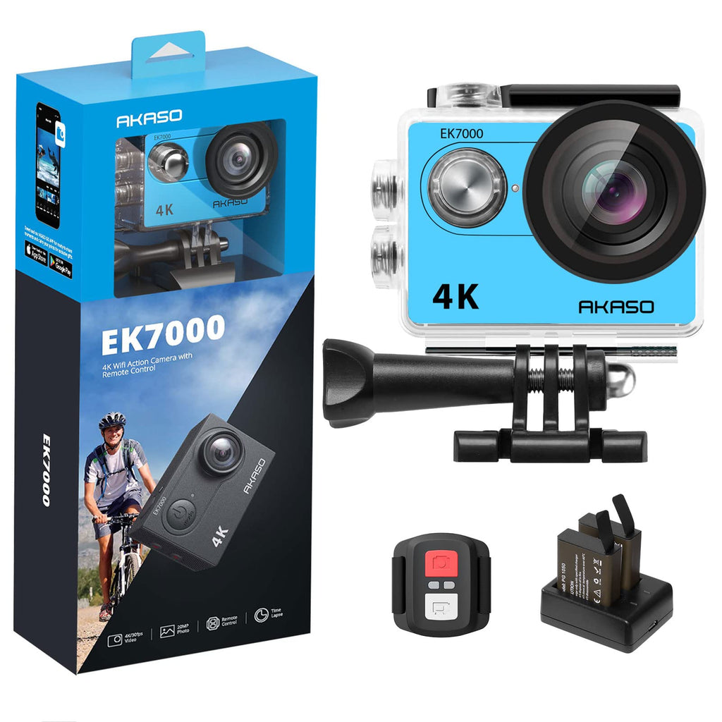 AKASO EK7000 4K30FPS 20MP WiFi Action Camera with EIS Ultra HD Underwater Camera 131FT Waterproof Camera Remote Control 4X Zoom Support External Microphone Blue