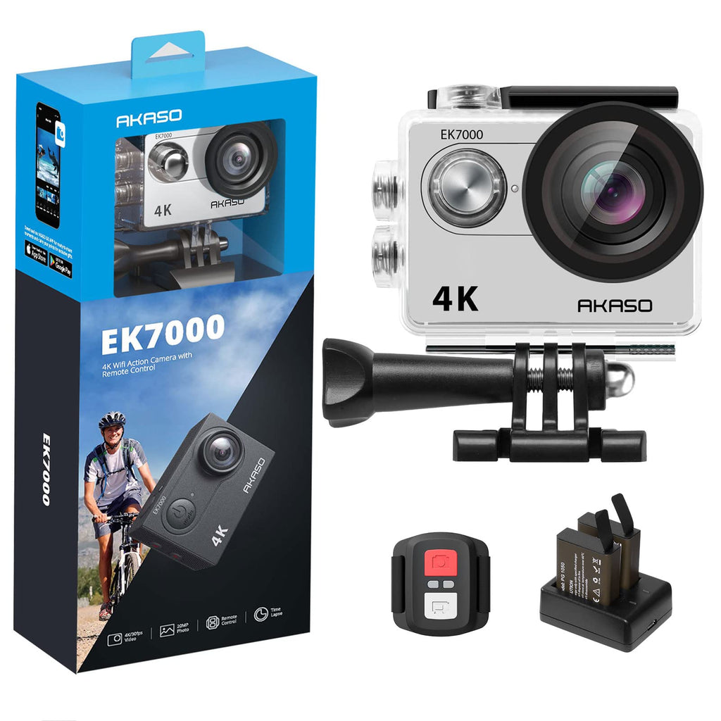 AKASO EK7000 4K30FPS 20MP WiFi Action Camera with EIS Ultra HD Underwater Camera 131FT Waterproof Camera Remote Control 4X Zoom Support External Microphone Silver Sage/Silver