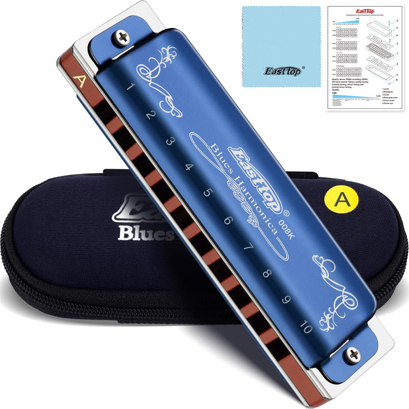 East top Diatonic Harmonica Key of A, 10 Holes 20 Tones 008K Diatonic Mouth Organ Harmonica with Blue Case,Standard Harmonica For Adults, Professionals and Students blue-A