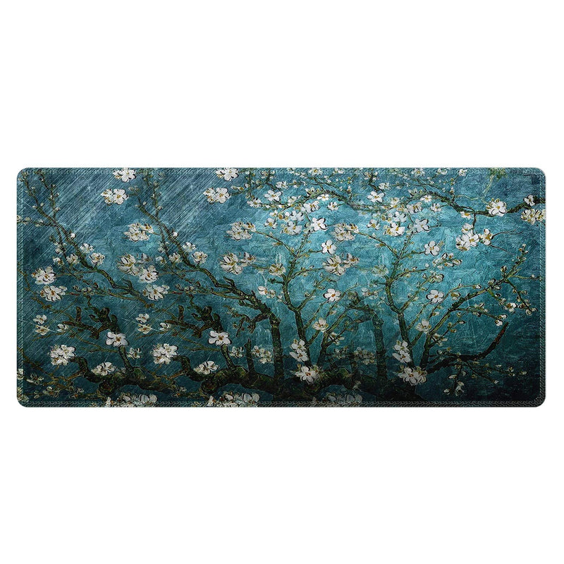 Meffort Inc Extra Large Extended Gaming Desk Mat Non-Slip Rubber Pads Stitched Edges Mouse Pad 35.4 x 15.7 inch - Vincent Van Gogh Almond Blossom