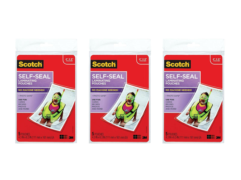3 Pack of 5 Scotch 4 x 6 Inches Self-Sealing Laminating Pouches