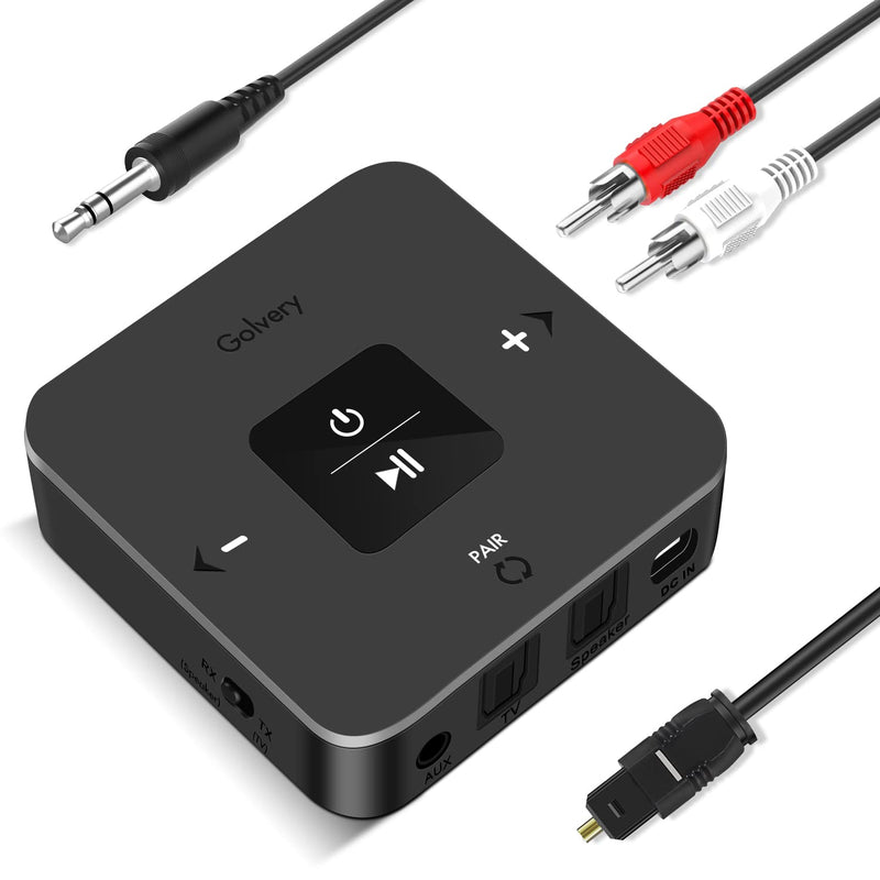 [AUSTRALIA] - Golvery Bluetooth 5.0 Transmitter Receiver for TV Airplane, 2 in 1 Bluetooth Adapter for PC/DVD/MP3/Home Stereo/Speaker/Gym, Optical/RCA/AUX Connection, 25 Hours Playtime, Dual Link, Volume Control Brown 