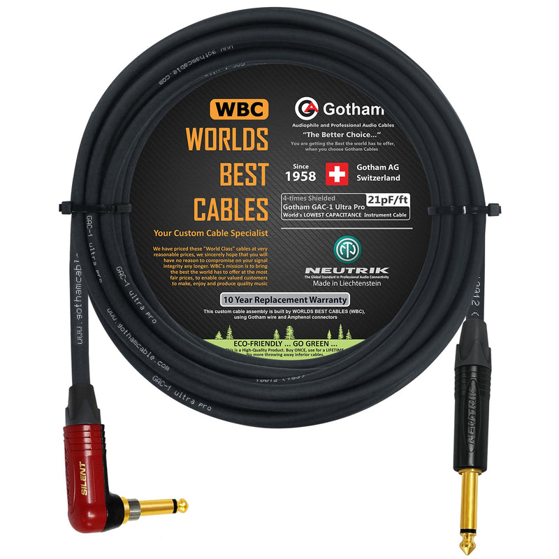WORLDS BEST CABLES 25 Foot - Gotham GAC-1 Ultra Pro - Premium Low-Cap (21 pf/F) Guitar Bass Instrument Cable w/Neutrik Gold Straight to Angled (Silent Plug) ¼ inch (6.35mm) TS Plugs - Custom Made